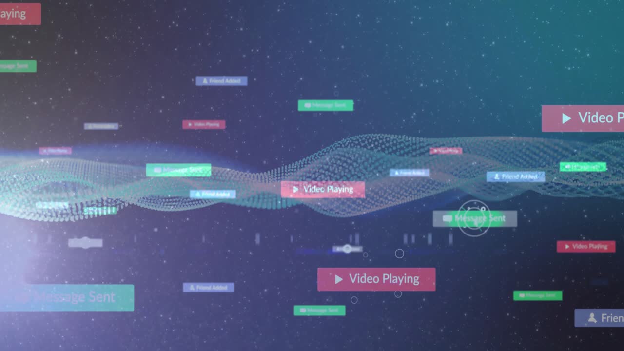 Dotted waveform emerging, labels drifting, cursor clicking Play icon, visualizing data flow