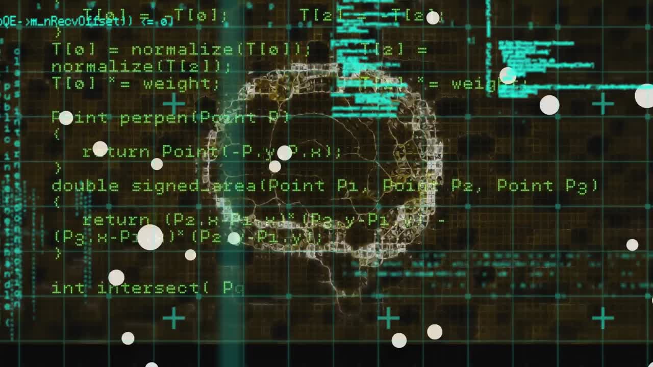animación de manchas blancas flotando sobre el cerebro humano giratorio y procesamiento de datos