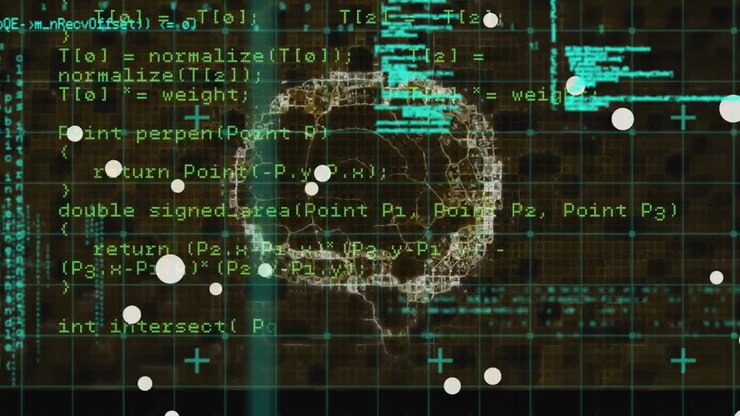 Animation of white spots floating over spinning human brain and data processing