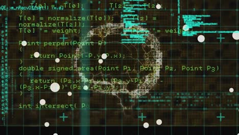 Animación-De-Puntos-Blancos-Flotando-Sobre-El-Cerebro-Humano-Que-Gira-Y-El-Procesamiento-De-Datos.