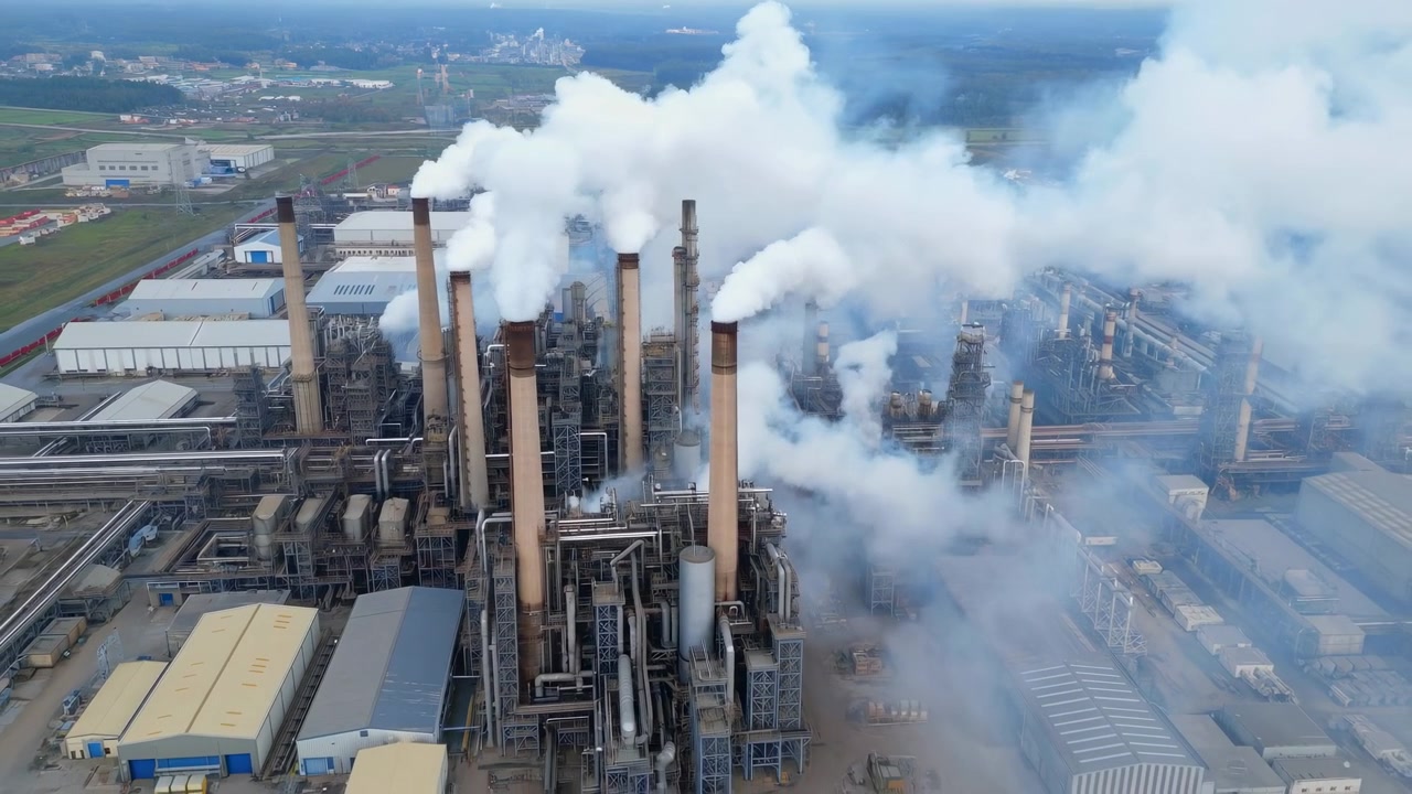 Riprese aeree mostrano un impianto industriale con vapore bianco che sale sopra attrezzature e edifici interconnessi, rivelando un'infrastruttura densa, campi distanti, tetti e un'atmosfera diurna nebbiosa.