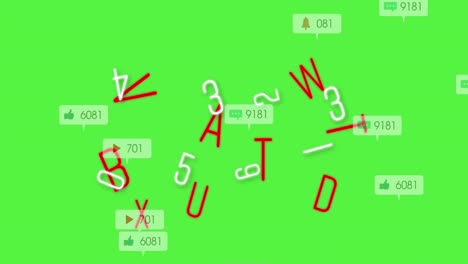 Animation-of-social-media-reactions,-letters-and-numbers-on-green-background