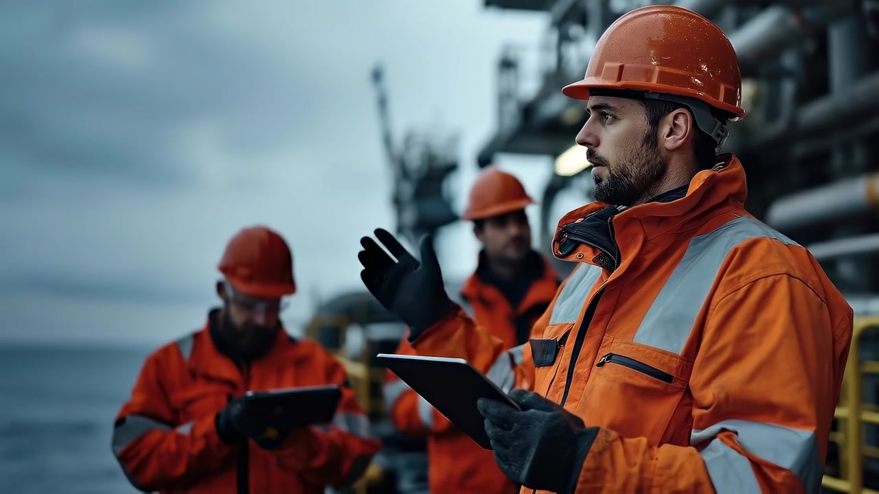 Engineers Using Tablets on an Offshore Oil Platform