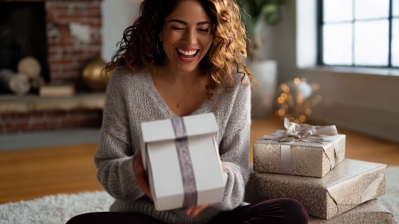 Giovane donna scarta gioiosamente una scatola regalo in una casa accogliente.