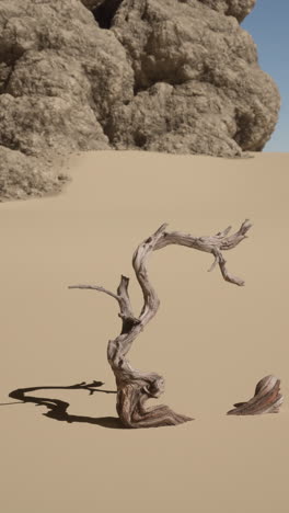 un árbol muerto está solo en el desierto, con una gran formación rocosa en el fondo