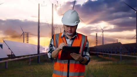 asian male engineer with safety helmet taking note on the tablet and looking around while standing with solar panel and wind turbines