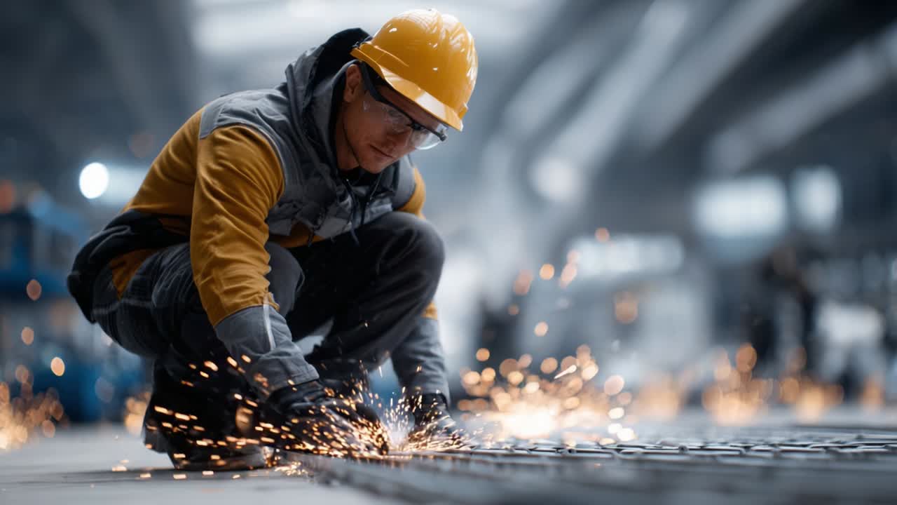 A Skilled Worker Engaged in Welding, Wearing Safety Gear, Producing Sparks and Smoke in a Construction Environment, Demonstrating Care and Precision in Craftsmanship