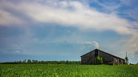 Verlassen-Aussehende-Scheune-Bauernhof-Zeitraffer-Feld-Mit-Grünem-Gras,-Ländlich