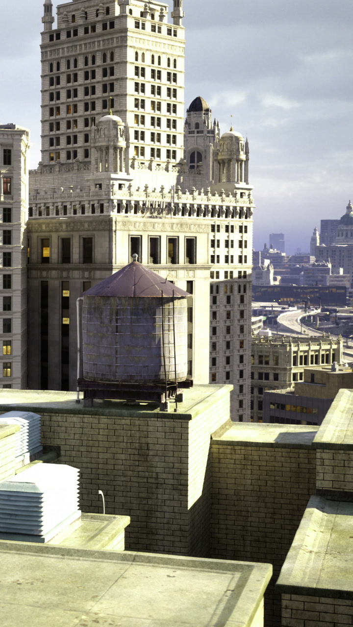 City skyline with water tower and architecture on a cloudy day