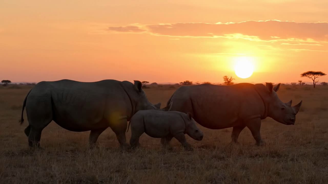 Family of Rhinos Walking Across the African Savanna at Sunset