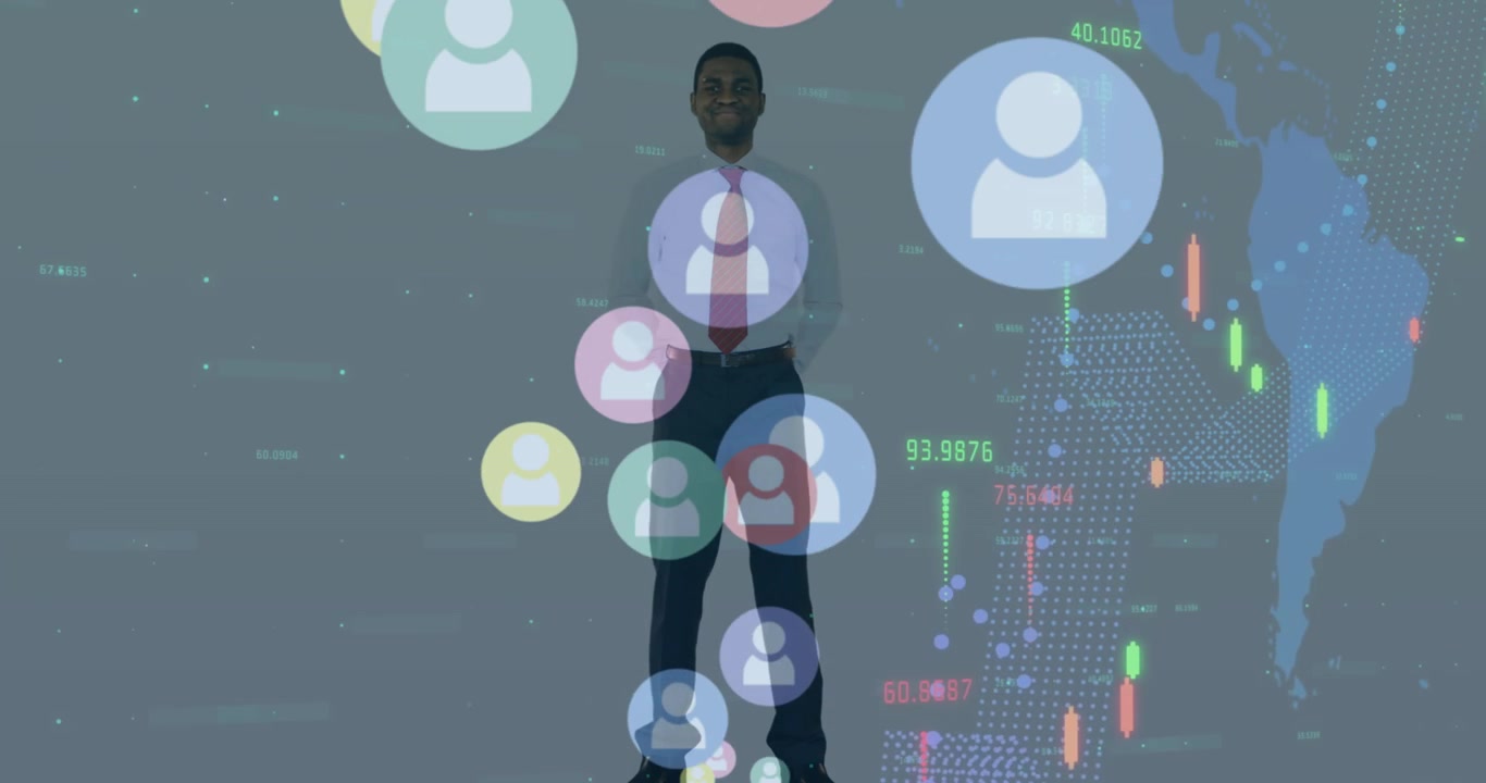 Animation of financial data and icons over happy african american businessman