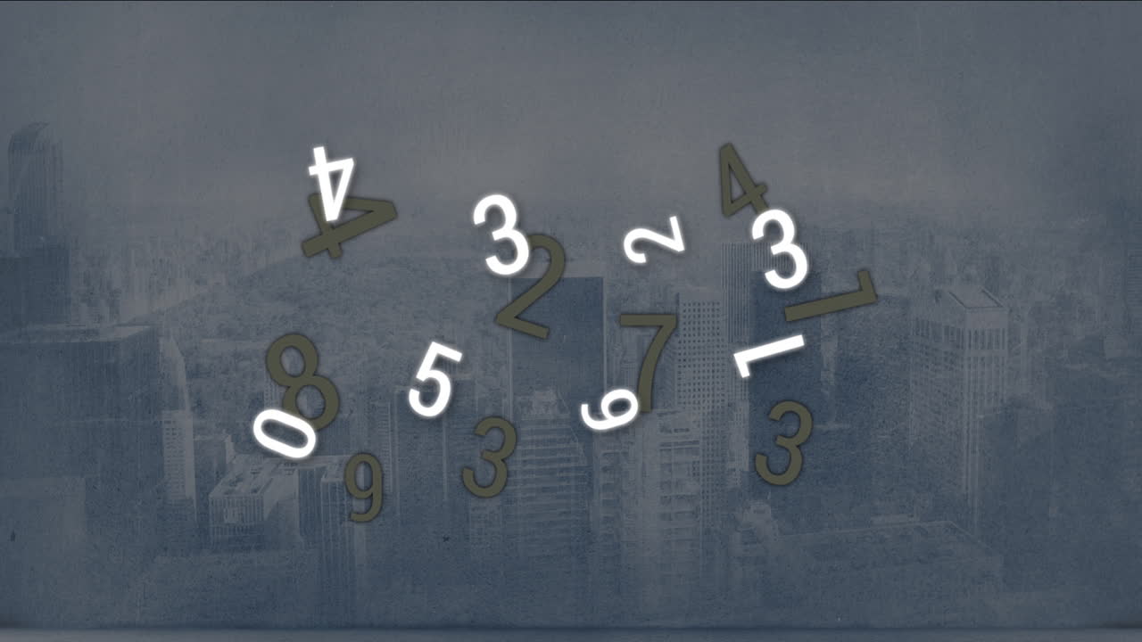 Floating numbers over cityscape with tall buildings in background, animated scene
