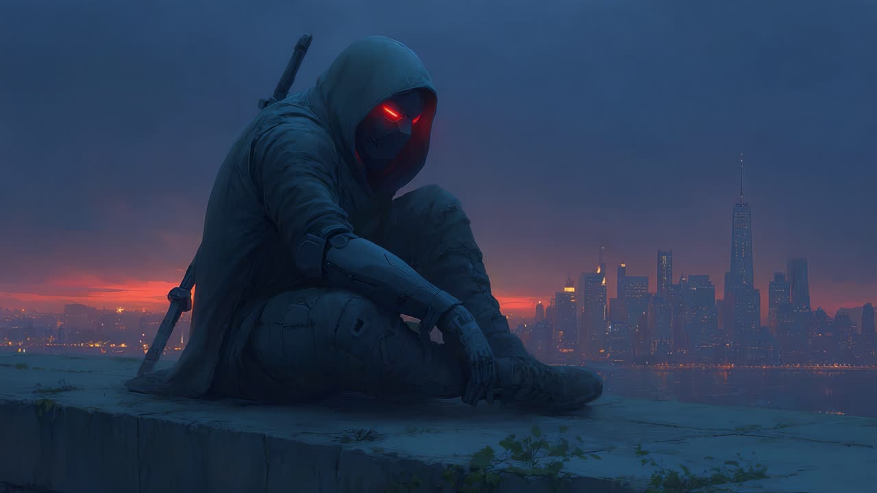 Eine einsame, in einen Kapuzenumhang gehüllte Gestalt sitzt auf einem Sims und blickt bei Sonnenuntergang auf eine futuristische Stadtlandschaft, mit leuchtend roten Augen, die auf eine mysteriöse Kraft und Bestimmung hindeuten