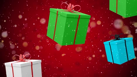 Animation-Von-Weihnachtsgeschenken-Und-Schnee,-Der-Auf-Roten-Hintergrund-Fällt