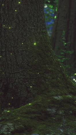mystical fireflies dance around tree trunk in lush forest at twilight