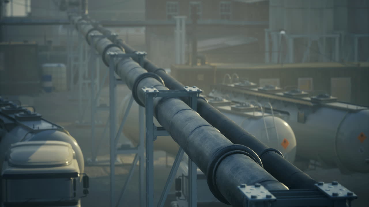 Industrial landscape featuring pipes and trucks in early morning haze