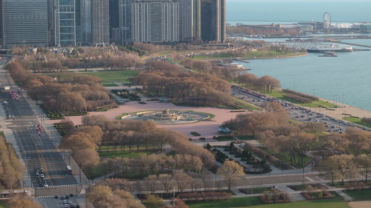 Aerial view of Chicago's Millennium Park at sunrise.