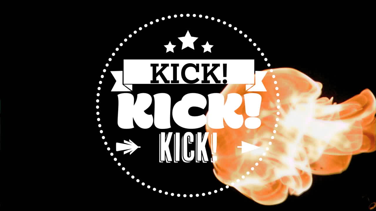 Animation of kick text on black background