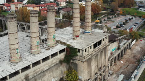 aerial drone view of abandoned power plant in industrial site