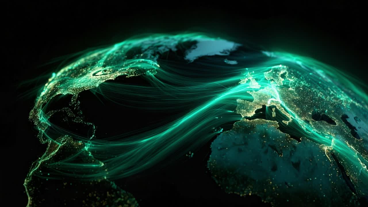 Luminous green lines representing fiber optics, trade, and communication moving between continents on a realistic planet Earth at night, symbolizing globalization and the digital information age