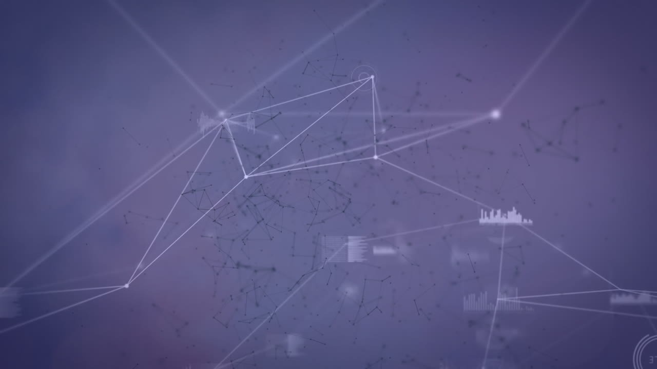 animación de datos que se mueven en una red de conexiones, a través de una cuadrícula móvil