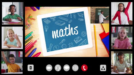 animation of interface screen with text, maths, teacher and six diverse children in online lesson