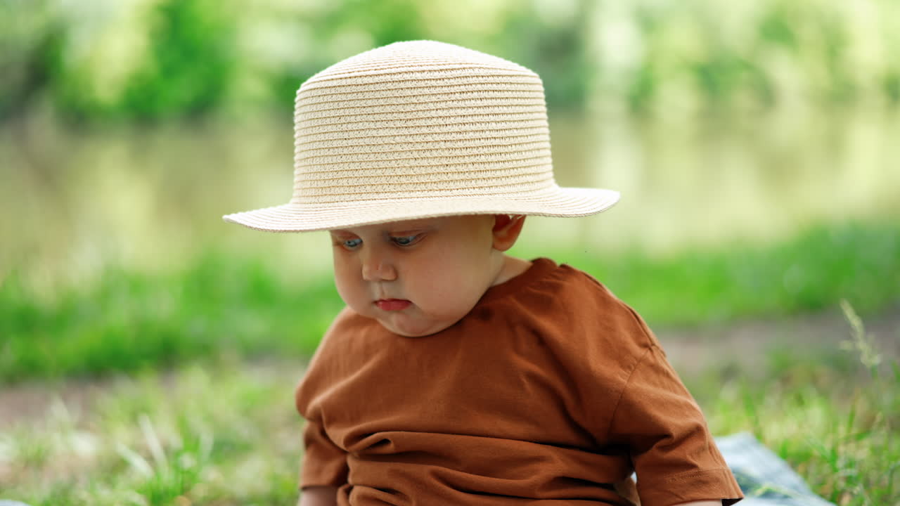 Funny little baby boy wearing mom's hat sits outdoors. Cute child in the nature in summer. Close up.
