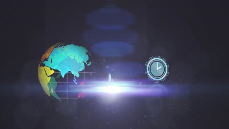 animation of clock over lights and spinning globe