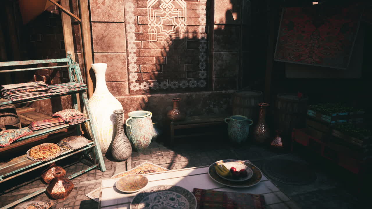 Vibrant pottery and decor displayed in a sunlit marketplace setting