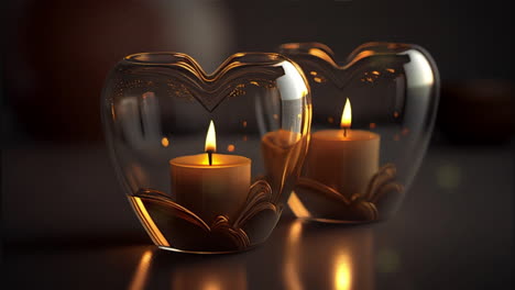 Fondo-Animado-De-Velas-De-Amor-Ardiendo,-Llamas-De-Fuego-Dentro-De-Soportes-De-Vidrio-Transparentes-En-Forma-De-Corazón,-Representación-Digital-Suave