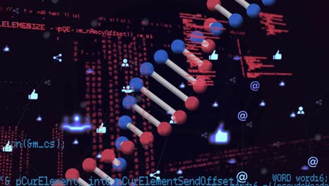 animation of dna strand and data processing over black background