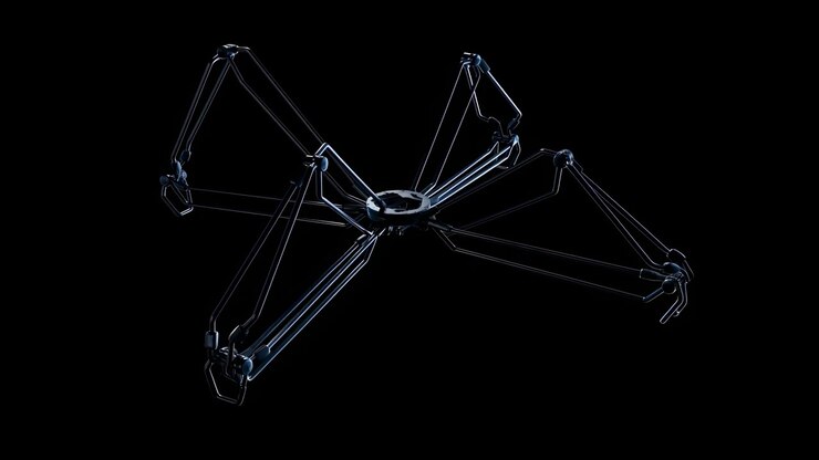 Jointed spider-inspired mechanism shifts through several poses as raised limbs bend, lower, and spread outward, with reflective edges and blue-toned highlights isolated against deep black.