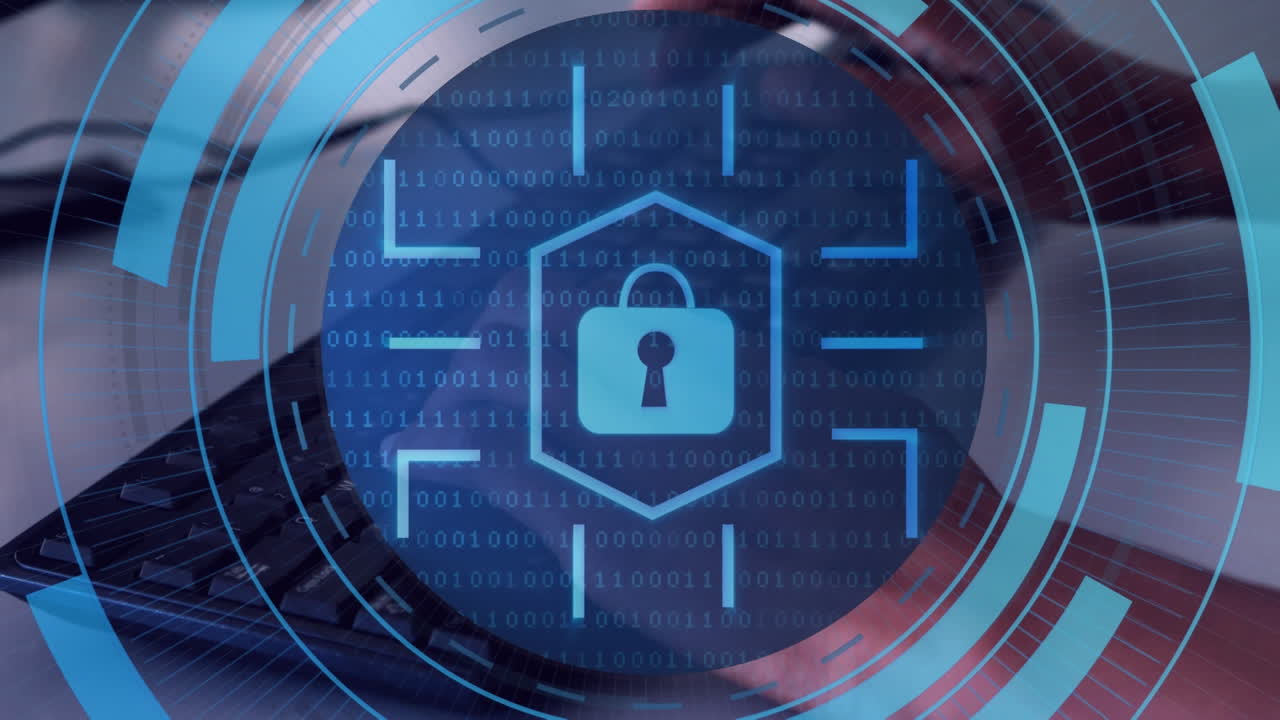 animación de un candado digital en círculos sobre las manos de un hombre caucásico escribiendo en una computadora portátil.