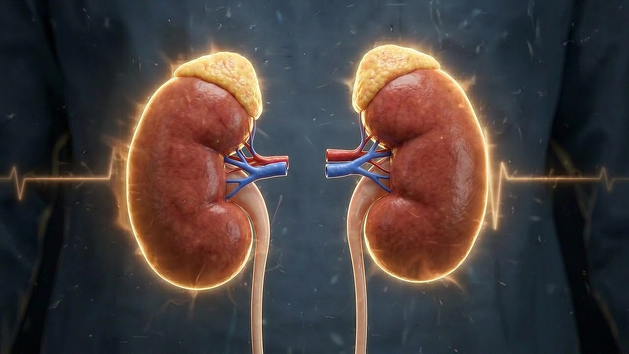 Pair of realistic kidneys connected by renal vessels and ureters in medical view