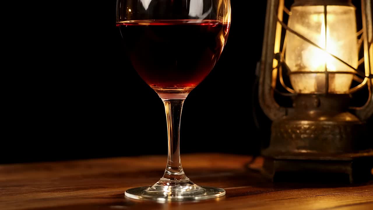 Movimento della camera che rivela un calice di vino singolo su un tavolo di legno per mostrare i riflessi della fiamma di una lanterna