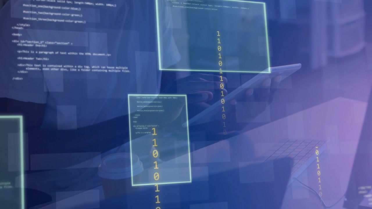 Tech developer responding to GUI overlays appearing tapping tablet and analyzing code near laptop