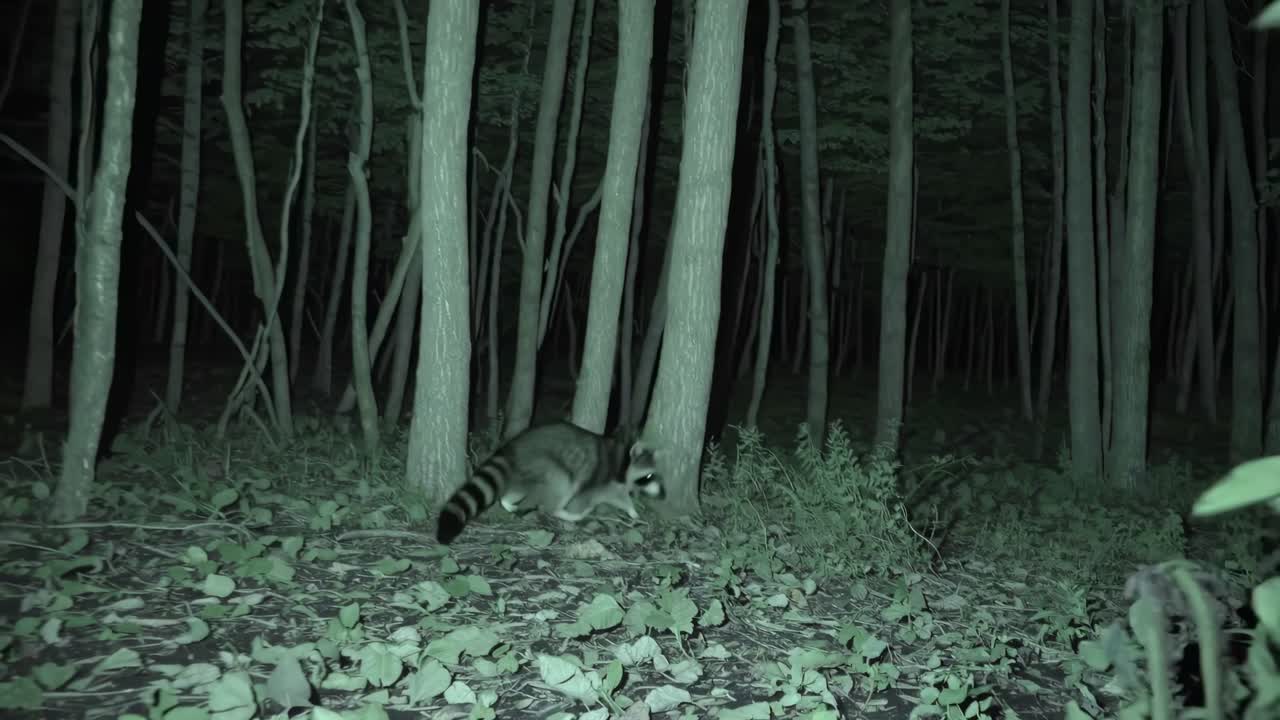 A night vision video captures a raccoon in a forest, with a low-angle shot emphasizing its curious