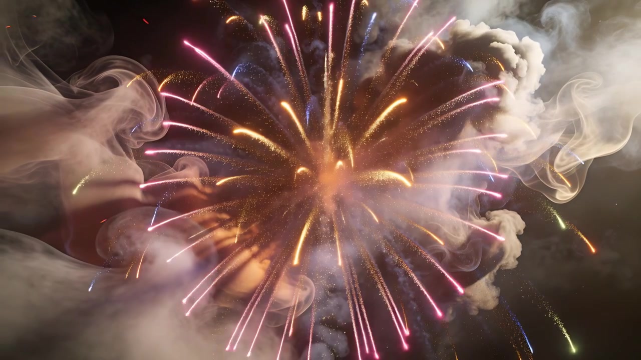 Raketspoor stijgt op, vuurwerk ontploft boven nachtelijke hemel, zendt roze-gouden sporen uit, krullende rook