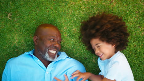 overhead shot of loving grandfather and grandson lying on grass together