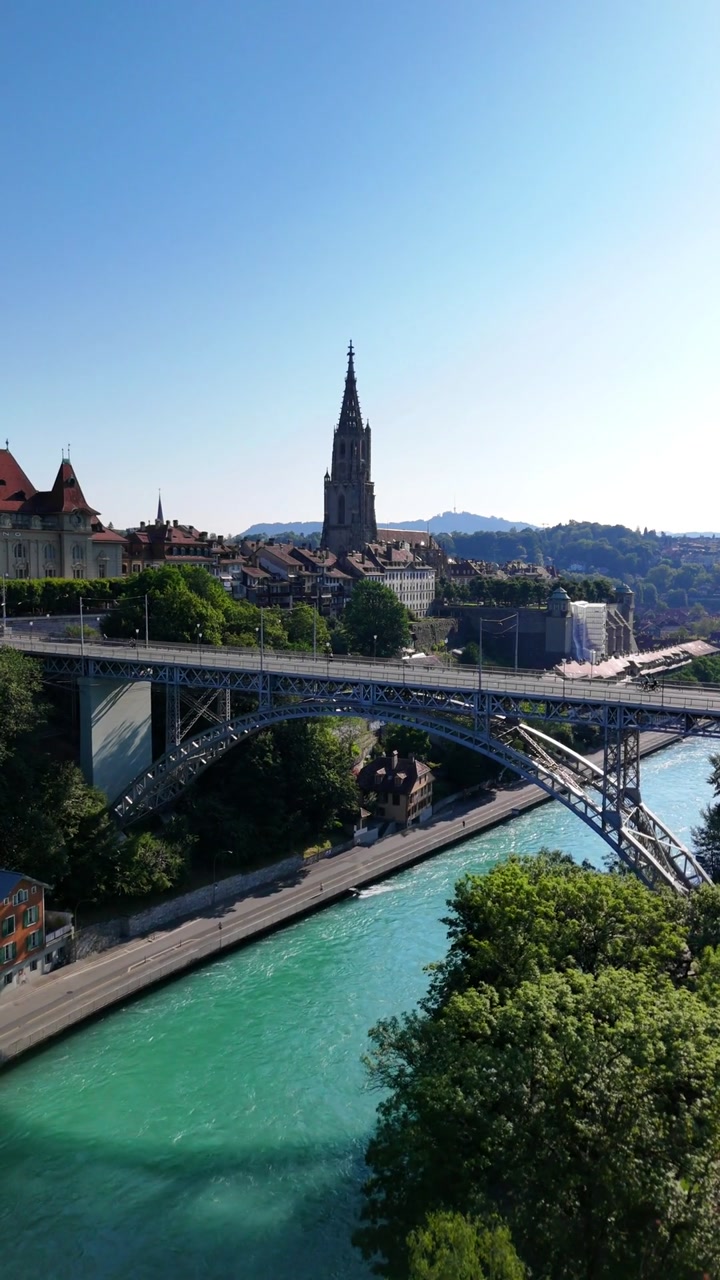 Old Town of Bern Switzerland Kornhaus Bridge over Aare River aerial drone