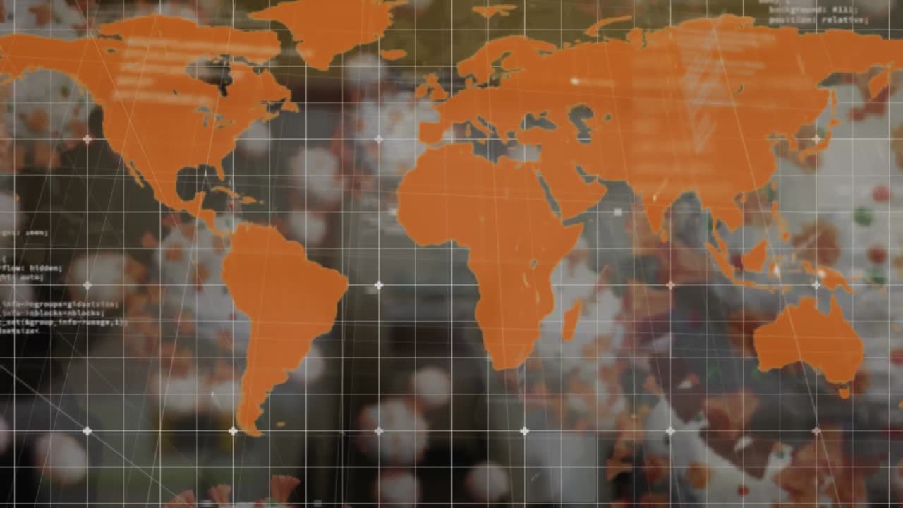 animación de un mapa del mundo naranja sobre las células macro covid-19 flotando en el fondo.