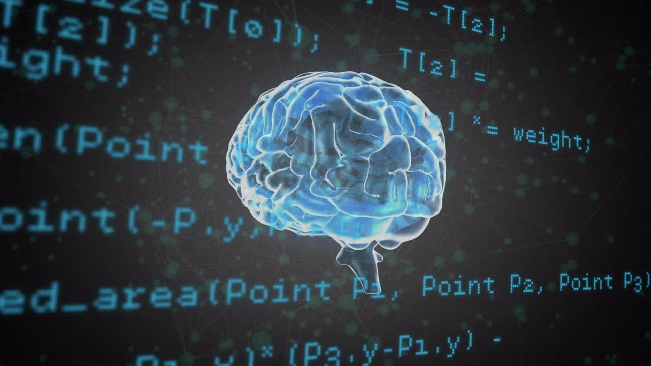 회색 배경의 연결 네트워크에 대해 회전하는 인간 뇌를 통해 데이터 처리가