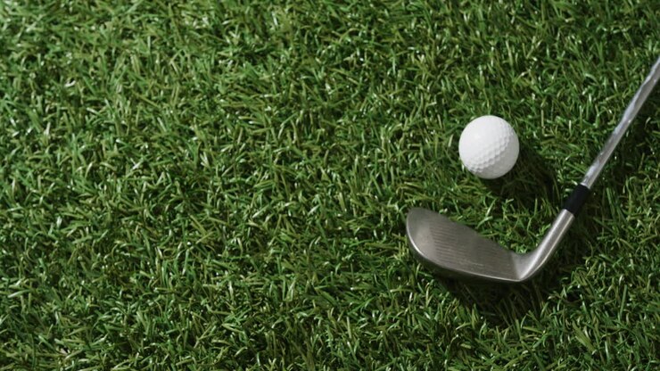 Primo piano di mazza da golf e pallina sull'erba, spazio per il testo, rallentatore