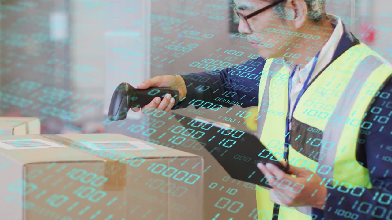 Warehouse clerk reaching scanner scanning labels and verifying orders binary overlay showing data