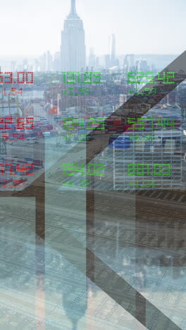 stock market and financial data processing against aerial view of cityscape