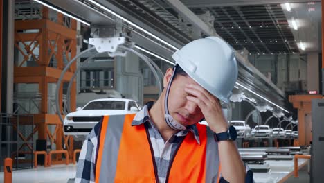 close up of asian male engineer with safety helmet having a headache while working in ev car factory