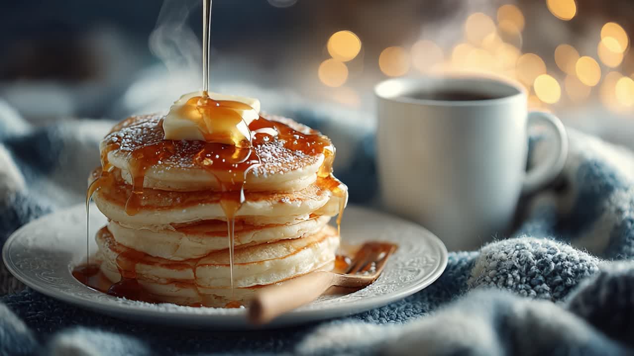 Indulge in the Warmth of Fluffy Pancakes Drizzled with Syrup and a Pad of Butter, Perfectly Paired with a Steaming Cup of Coffee on a Cozy Morning
