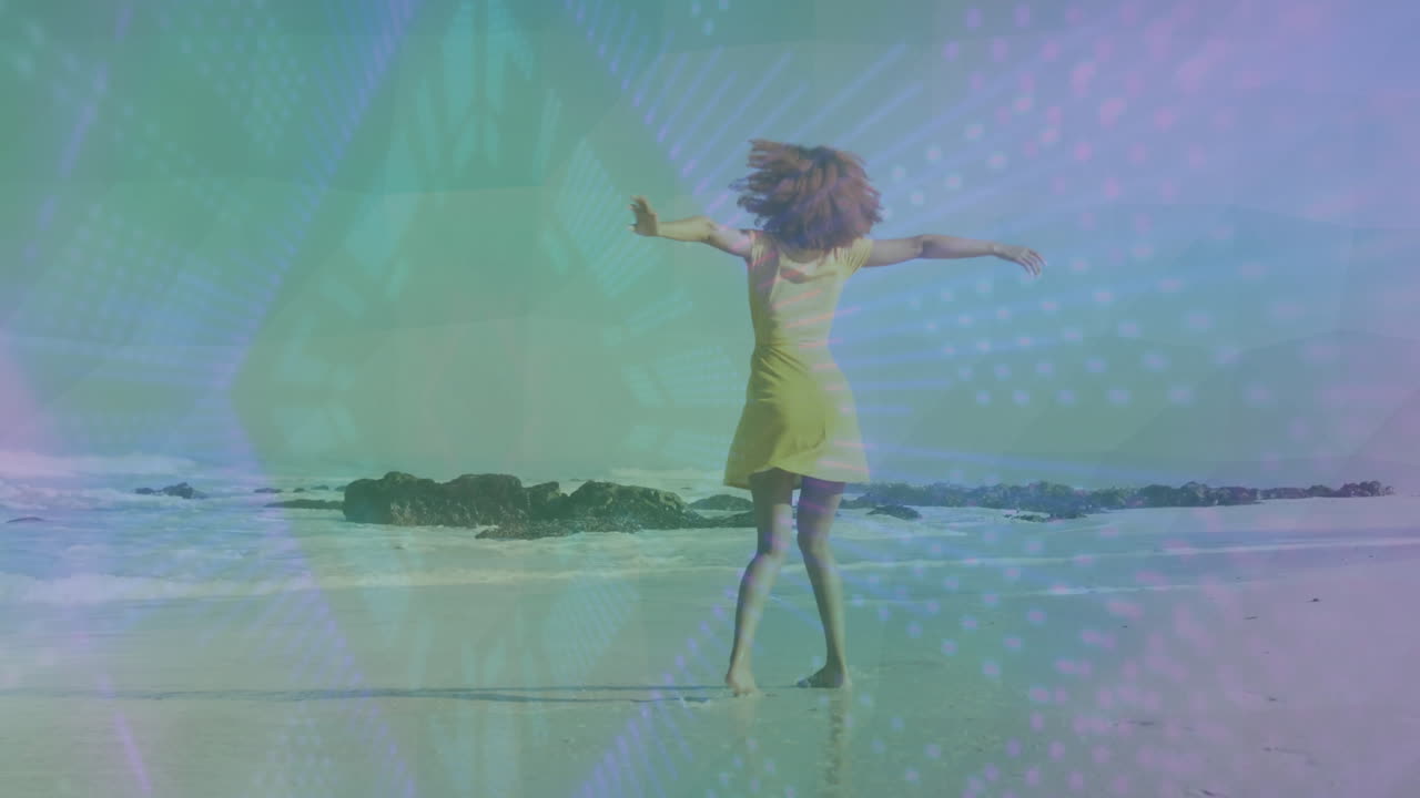 Spinning joyfully on beach, child in yellow dress with animation overlay