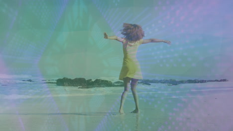 spinning joyfully on beach, child in yellow dress with animation overlay