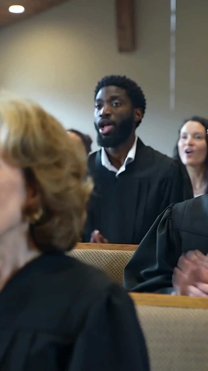 Vertical video: Hymn starting, senior woman leading soft singing and clapping in chapel pews, robes